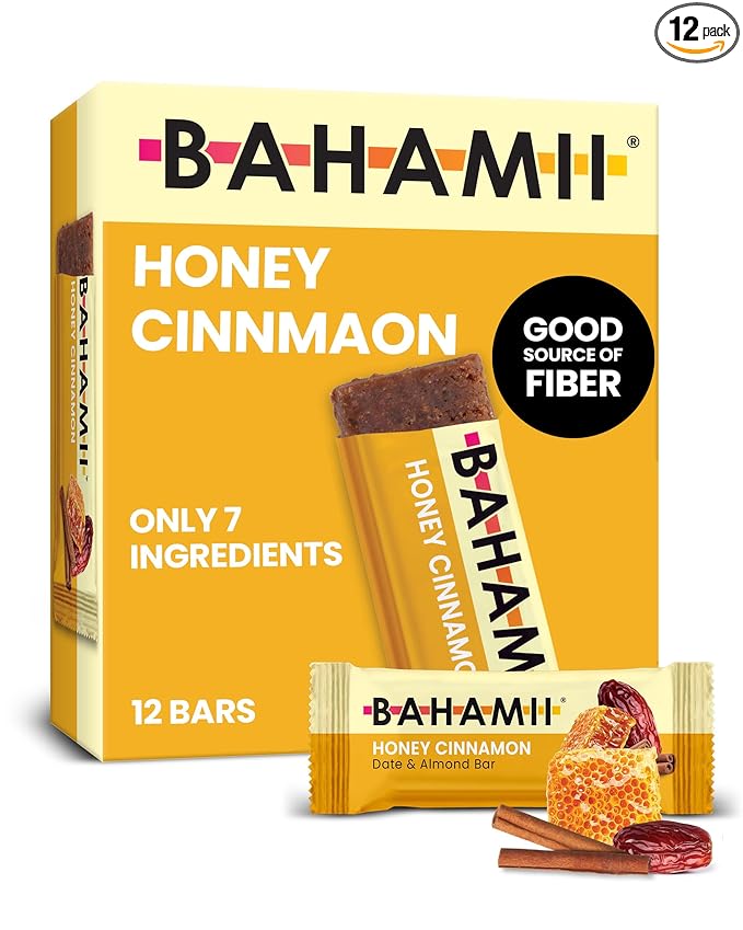 Bahamii - Almond & Date Bars (Honey Cinnamon) - Healthy Snack Bars with Dates - Non-GMO, Gluten-Free, Dairy-Free, Kosher, and No Sugar Added Fruit and Nut Bar - Simple Ingredient Snack (12-Pack)