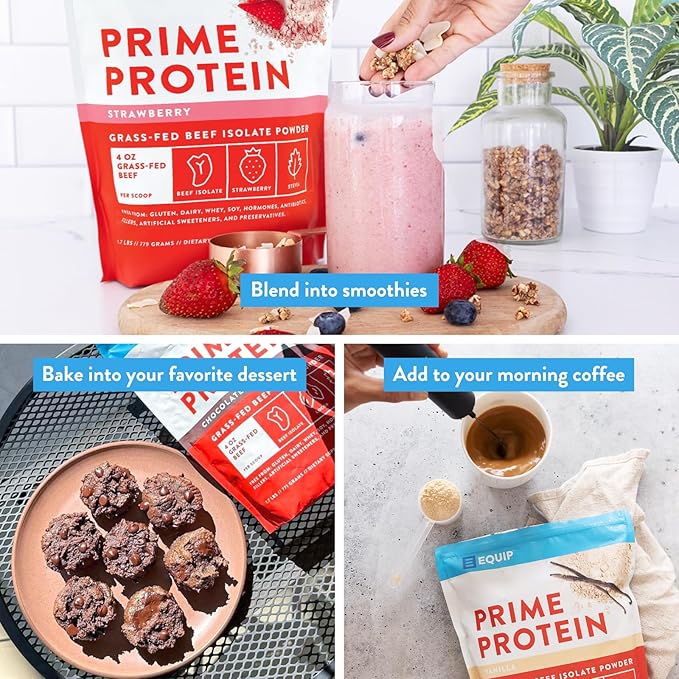 Equip Foods Prime Protein Powder | Clean, Grass Fed Beef Protein Powder | Carnivore Protein Isolate | Paleo, Keto Friendly | Gluten & Dairy Free | Helps Build & Repair Tissue | 30 Servings, Strawberry