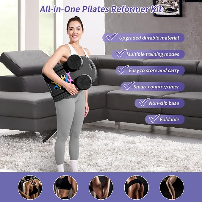 Pilates Board Reformer Premium 15-in-1 Upgraded Foldable - Portable Home Gym Digital Display, Resistance Bands,Balance Board and Timer - Ideal for Abs, Core and Full-Body Workout for Women