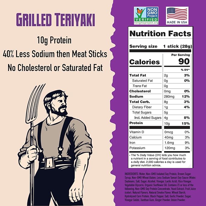 AGRO POWER Vegan Jerky Sticks, Teriyaki Flavor Plant-Based, 7 Stick Bag with 10g Protein, Non-GMO, 40% Less Sodium, Zero Cholesterol, Meat Alternative, High Protein Snack for Lunch, On-the-Go Fuel