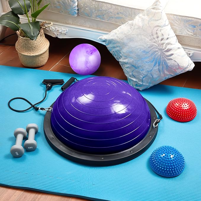 Honoson Half Ball Trainer Yoga Ball with Resistant Band Foot Pump Set, Half Exercise with Fitness Elastic Belt Hedgehog Balance Pods for Core Stability Full Body Workout Gym