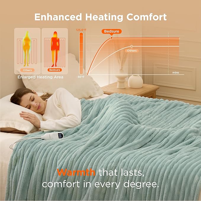 Bedsure Electric Blanket Twin - Thick Striped Flannel Electric Blanket, Heating with 10 Time Settings, 6 Heat Settings, and 8-Hour Timer Auto Shut Off, Gifts for Grandma (62x84 inches, Green)