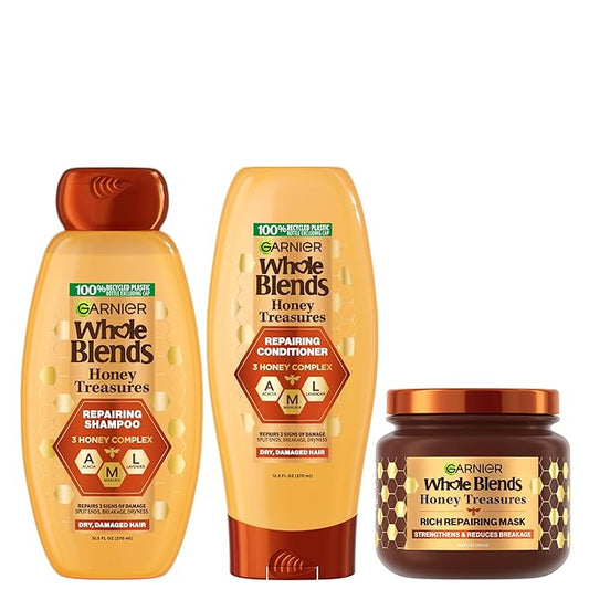 Garnier Whole Blends Honey Treasures Repairing Shampoo, Conditioner + Hair Mask Set for Dry, Damaged Hair (3 Items), 1 Kit (Packaging May Vary)