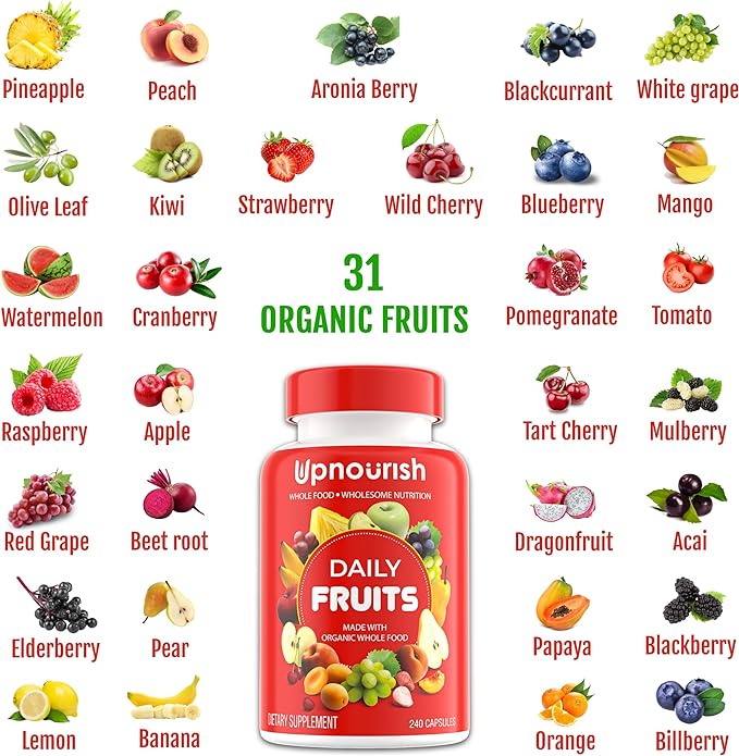 UpNourish Organic Fruits and Veggies Supplement - Support Diet Balance, Body Cleanse & Energy - 480 Fruits and Super Greens Capsules from Nature - Fruit and Vegetable Supplements for Adults & Kids