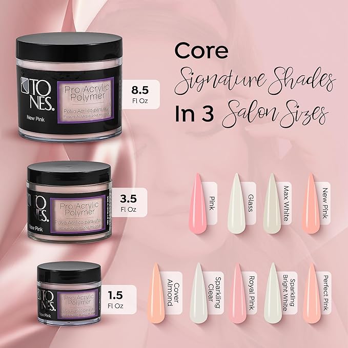 Tones Pro Acrylic Nail Powder, New Pink (Fresh Peach-Toned Pink), (3.5 Fl Oz) - Long-Lasting & Non-Yellowing Polymer for Salon Quality Nail Extensions & 3D Art