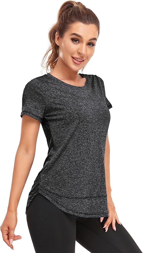 Women's Short Sleeve Workout Shirts Crewneck Sports Yoga Running Dry Fit Tops Side Split Tee