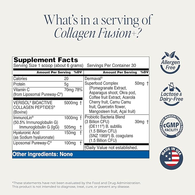 QUINIX Collagen Fusion+ 7-in-1 | VERISOL Collagen Peptides, ImmunoLin IgG, Vitamin C, Hyaluronic Acid, Dermaval & Probiotics | Skin, Hair & Nails, Gut & Immune Support | Unflavored Powder, 30 Servings