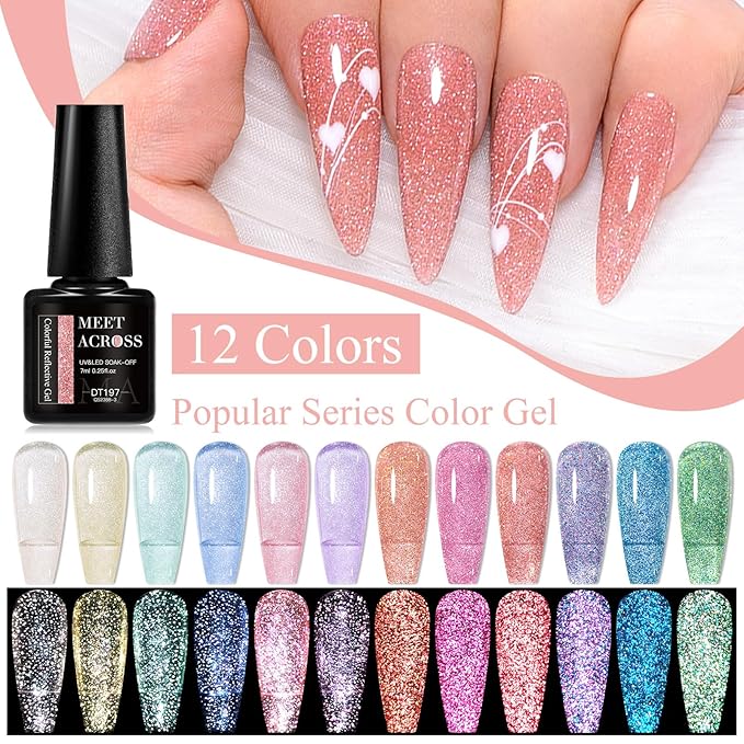 MEET ACROSS Reflective Glitter Gel Polish Jelly Purple Pink Glitter Sparkly Shiny Disco DJ LED Gel Nail Polish Nail Varnish 12PCS