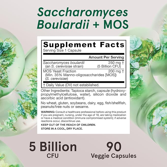 Jarrow Formulas Saccharomyces Boulardii Probiotics + MOS 5 Billion CFU Probiotic Yeast for Intestinal Health Support, Gut Health Supplements for Women and Men, 90 Veggie Caps, 90 Day Supply,Pack of 12
