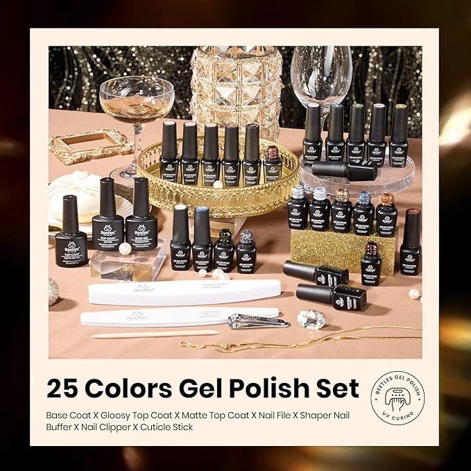 beetles Gel Polish Set - Winter Gel Nail Polish Kit Gilded Veil 25 Colors Black White Burgundy Blue Nude Grey Green Glitters UV Led Nail Polish with Top Base Coat Soak off Nail Art Gift for Women