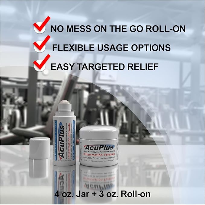 AcuPlus - Topical Pain Relief Anti Inflammatory Cream & Roll On Combo - Soothes Muscles & Joints - Muscle Rub Cream for Arthritis, Bursitis, & Tendonitis - 4 oz. Jar & 3 fl. oz. Roll On