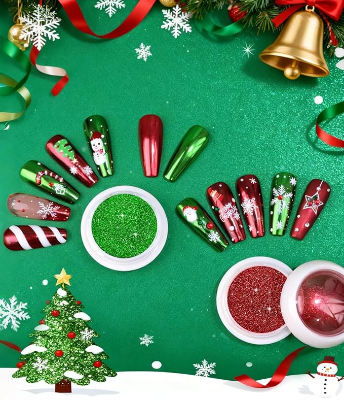 Gold Chrome Nail Powder - 6 Colors Christmas Red Green Blue Silver Nail Chrome Powder, Sparkly Holographic Chrome POwder for Nails Mirror Effect Glitter Pigment Dust - Christmas Nail Design