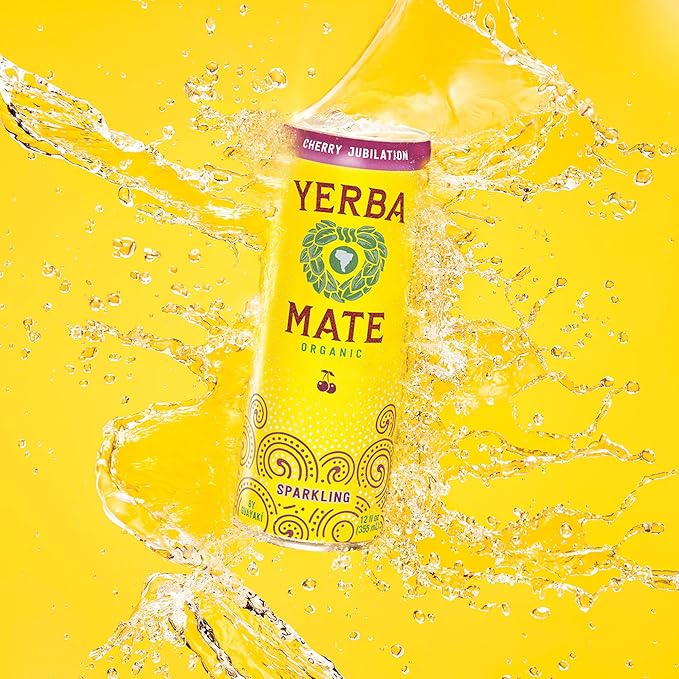 Yerba Madre Organic Sparkling Yerba Mate, Cherry Jubilation, 80mg Natural Plant Based Caffeine, Smooth Energy & Focus, Carbonated, 12 Oz (Pack of 12)