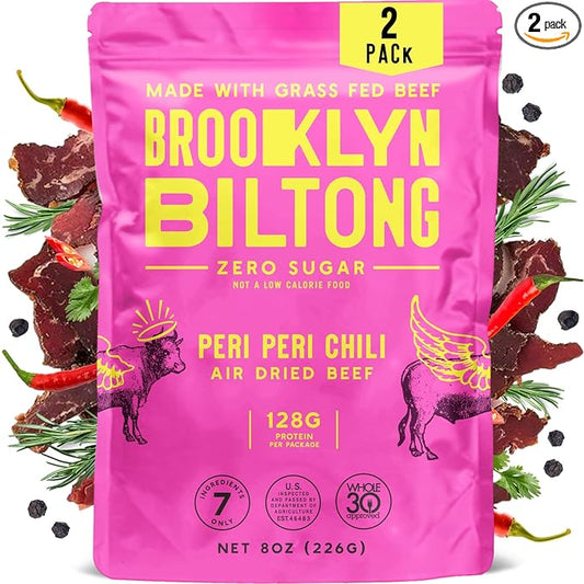 Brooklyn Biltong Air Dried Grass Fed Beef Snack, South African Beef Jerky (8 oz, Pack of 2) - Whole30 Approved, Paleo, Keto, Gluten Free, Sugar Free, Made in USA - (Peri Peri)