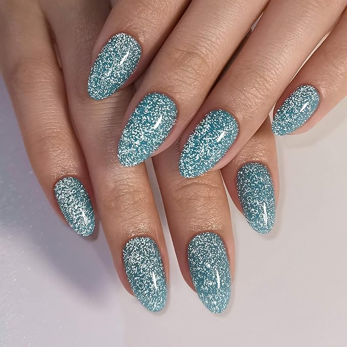 Glitter Peacock Blue Press on Nails Almond Short with Sparkling Diamond - Soft Gel Fake Nails for Women Gift, Glossy Stick On Nails with Glue in 16 Sizes - 32 Reusable Nails, Peacock Blue