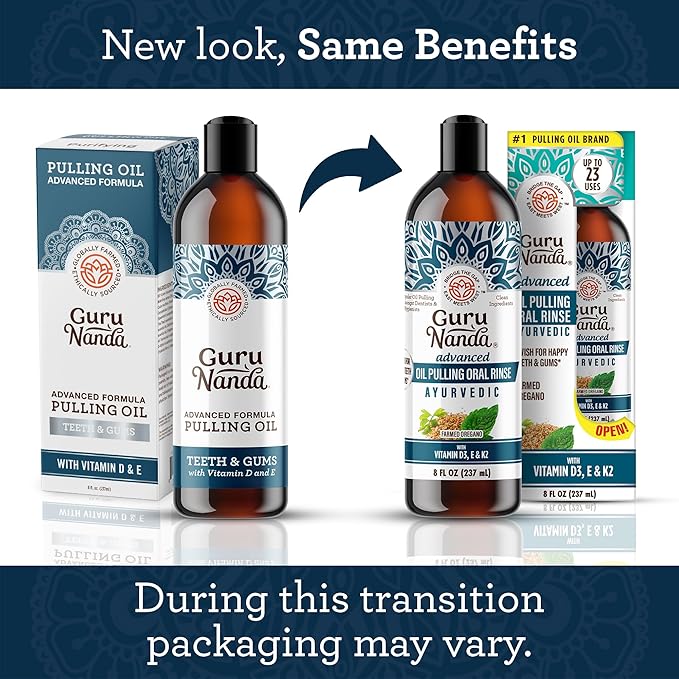 GuruNanda Advanced Oil Pulling Mouthwash for Enhanced Oral Care with Sesame & Oregano Oil, Promotes Deep Cleaning for Healthy Teeth & Gums, with Toothbrush and Tongue Scraper, Alcohol-Free, 8 Oz