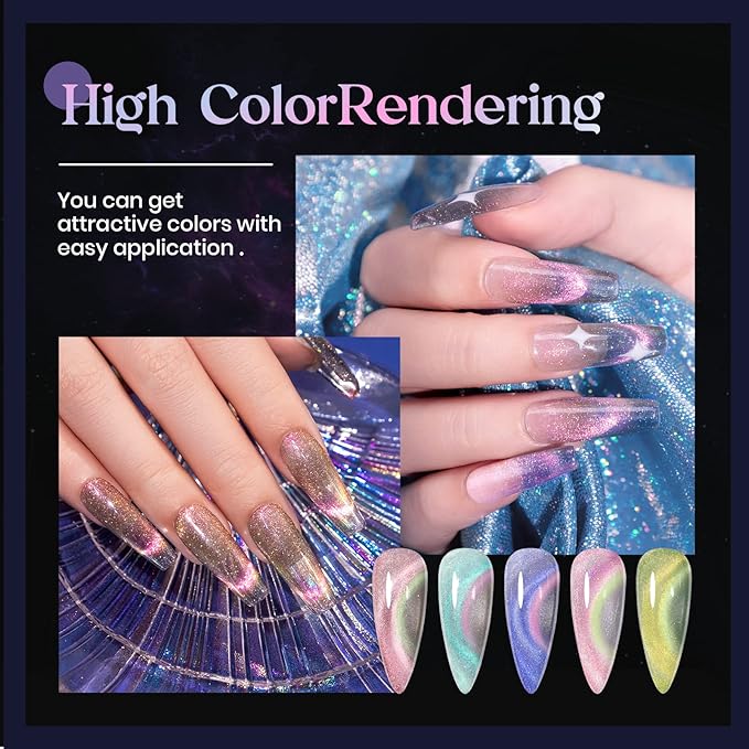 MIZHSE Reflective 9D Cat Eye Gel Nail Polish, Glitter Magnetic Gel Polish Set with 2 Magnet Sticks, Chameleon Magic Effect Holographic Cateye Nail Polish Soak Off Nail Art Gift
