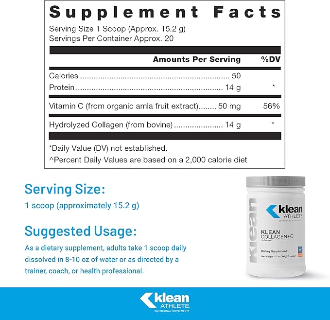 Klean Athlete Klean Collagen+C | Collagen Peptides with Vitamin C for Joint and Connective Tissue Support | 10.7 Ounces | Unflavored