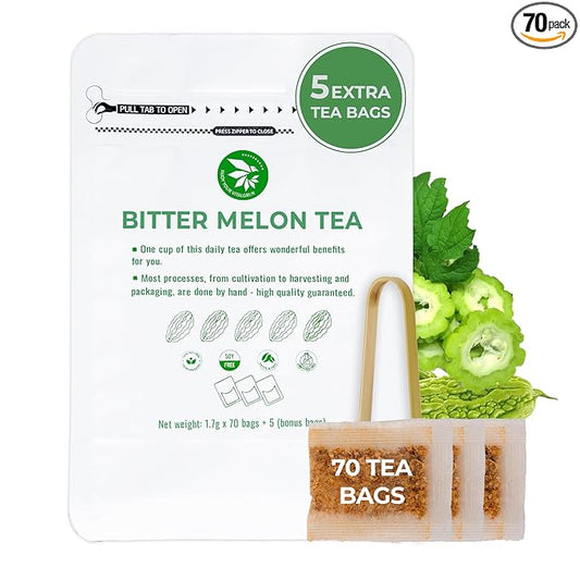 Bitter Melon Tea Bags - 70 Count (+5 Tea Bags), 4.2 oz, Bamboo Tong Included, Pure Bitter Gourd Herbal Blend for Refreshing, Digestion & Inner Health Support, No Sugar, No Caffeine