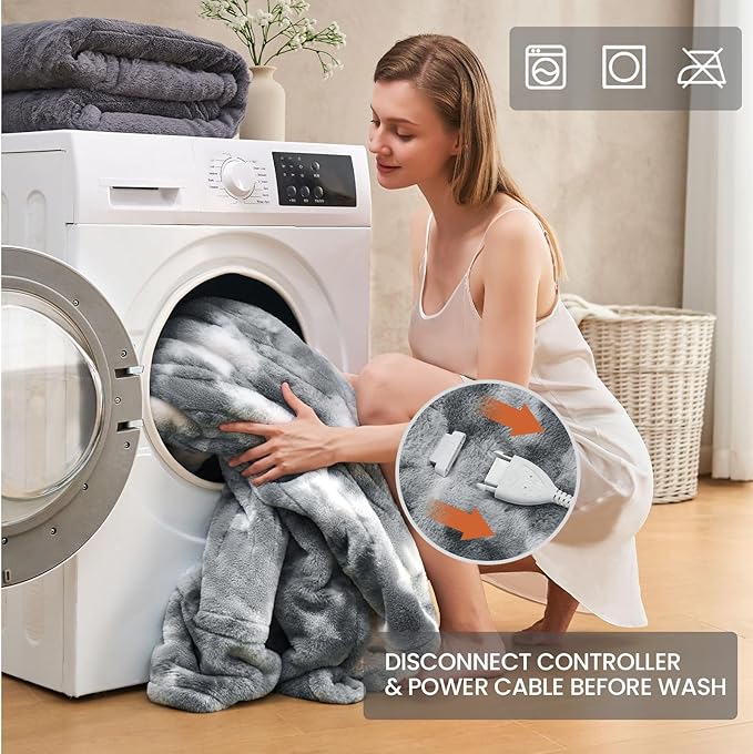 Electric Heated Blanket 90"x100",Luxury Grey Faux Fur Electric King Blanket,Fast Heating Soft Fluffy Thick Electric Blanket with 6 Heating Levels & 12H Auto Off