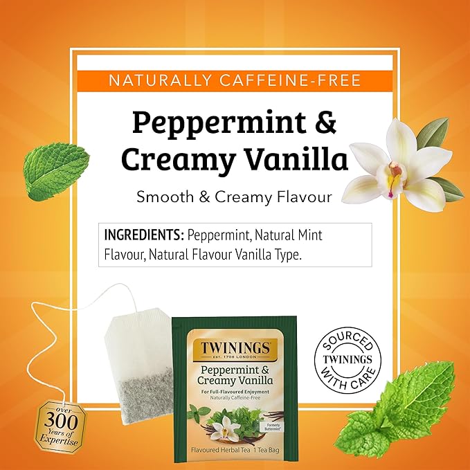 Twinings Peppermint & Creamy Vanilla Herbal Tea Individually Wrapped Bags, 20 Count (Pack of 6), Formerly Buttermint, Naturally Caffeine-Free, Enjoy Hot or Iced, 120 Teabags