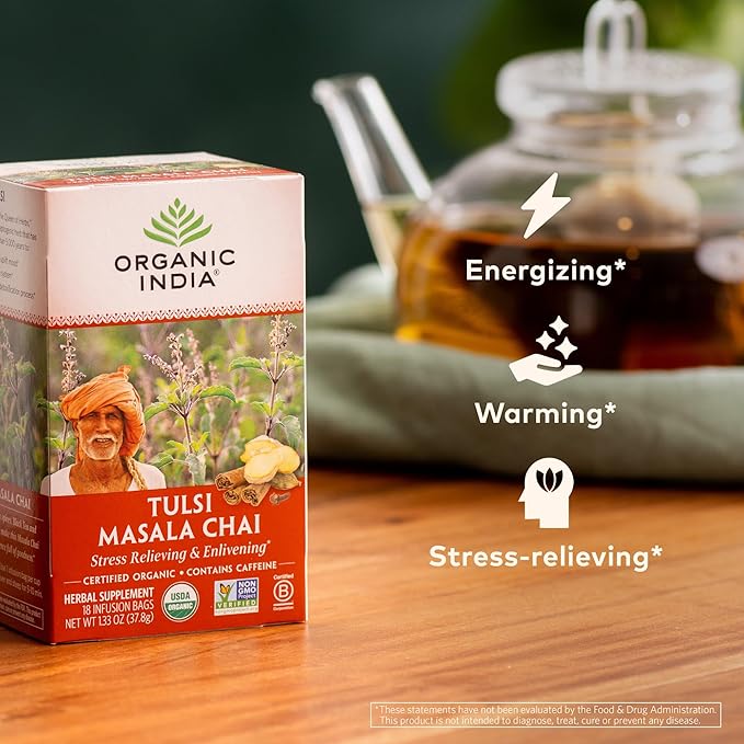 Organic India Tulsi Masala Chai Tea Bags - Holy Basil, Black Tea, Spices with Ginger, Stress Relieving, Immune Support, USDA Certified Organic, Antioxidant, Caffeinated - 18 Infusion Bags, 6 Pack