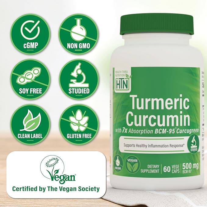 Health Thru Nutrition Turmeric Curcumin Complex 500mg Supplement | as BCM-95 Curcugreen Clinically Studied | Vegan Certified (Pack of 60)