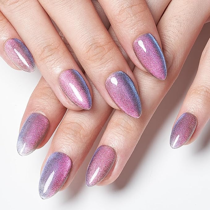 GLAMERMAID Pink Blue Magnet Cat Eyes Press on Nails Short Almond, Handmade Chameleon Gel Fake Nail Kit, Ombre Purple Glitter Magnetic Glue on Nail Stiletto, Medium Oval Stick False Nail Set for Women