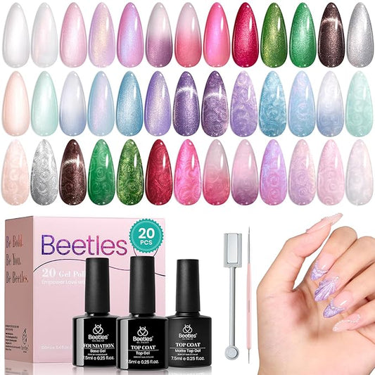 Beetles Pearl Gel Nail Polish Set - Ocean Treasures Gel Polish, 20 Colors Glitter Cat Eye Pink Red Mermaid Swirl Thread Effect Soak off UV Nail Gel for DIY Manicure Gift for Women