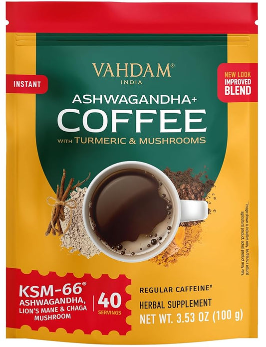 VAHDAM Ashwagandha Coffee with Turmeric, Lion’s Mane & Chaga Mushroom | Clinically Proven KSM 66 Ashwagandha & Pure Arabica Coffee | Stress & Cortisol Support, Better Energy - 40 servings
