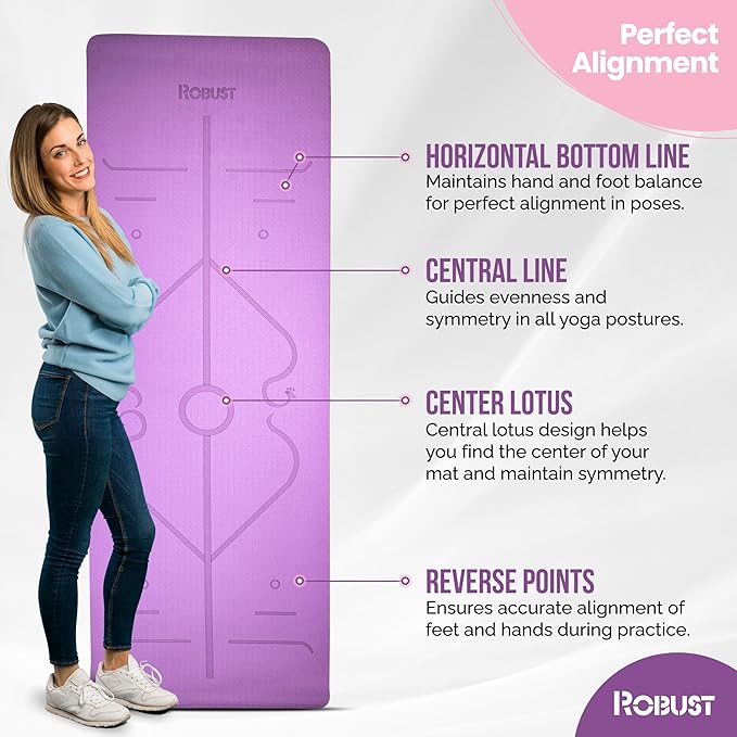 Robust Non-Slip Yoga Mat with Strap, 1/4" Thick TPE Eco-Friendly Workout Mat for Yoga with Position Lines and Texture Surface, Gym Mat for Women, Men, Pilates and Exercises Anti-Tear Sweat-Proof Exercise Mat