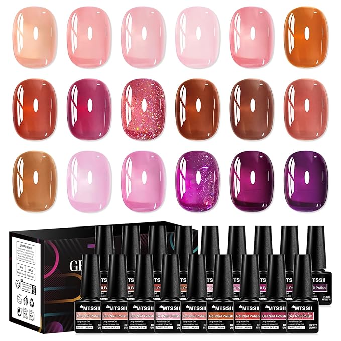 MTSSII Jelly Gel Nail Polish Set 18 Colors, Pink Red Purple Glitter Translucent Sheer Soak Off UV Gel for Nail Art DIY Manicure and Pedicure at Home