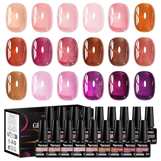 MTSSII Jelly Gel Nail Polish Set 18 Colors, Pink Red Purple Glitter Translucent Sheer Soak Off UV Gel for Nail Art DIY Manicure and Pedicure at Home