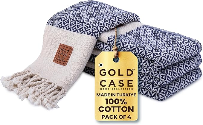 Gold CASE Turkish Hand Towels for Bathroom Set of 4 – 20 x 40'' – 100% Cotton Bathroom Towels – Aphrodite Kitchen Small Towel for Spa, Face, Tea & Dishcloth – Decorative Patterned Weave – Navy Blue