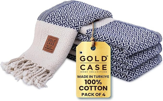 Gold CASE Turkish Hand Towels for Bathroom Set of 4 – 20 x 40'' – 100% Cotton Bathroom Towels – Aphrodite Kitchen Small Towel for Spa, Face, Tea & Dishcloth – Decorative Patterned Weave – Navy Blue
