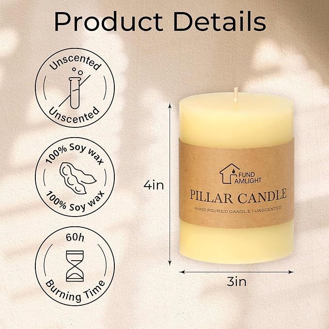 3x4 Inch Ivory Pillar Candles Set of 3 - Decorative Unscented Pillar Candles, Long Burning Dripless Candles for Table Decor, Smokeless Large Pillar Candle for Wedding, Dinner, Rustic Home Decor