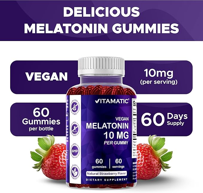 Vitamatic Melatonin 10 mg Vegetarian Gummies – Non-Habit Forming – 60 Gummies per Bottle – 2-Pack (Total 120 Vegan Gummies)