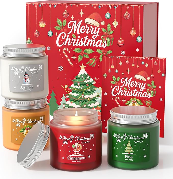 NORVENCE Christmas Candles, Scented Candle Gift Set of 4, Holiday Candles for Women and Men, Perfect Christmas Gifts for Women (Cinnamon, Pine, Vanilla, Jasmine, 14.4 oz)