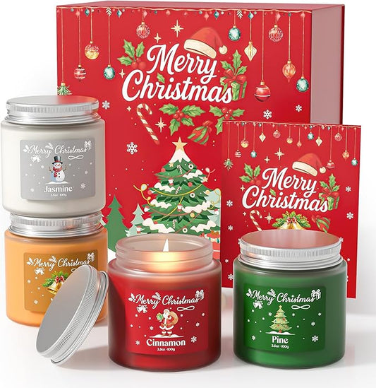 NORVENCE Christmas Candles, Scented Candle Gift Set of 4, Holiday Candles for Women and Men, Perfect Christmas Gifts for Women (Cinnamon, Pine, Vanilla, Jasmine, 14.4 oz)