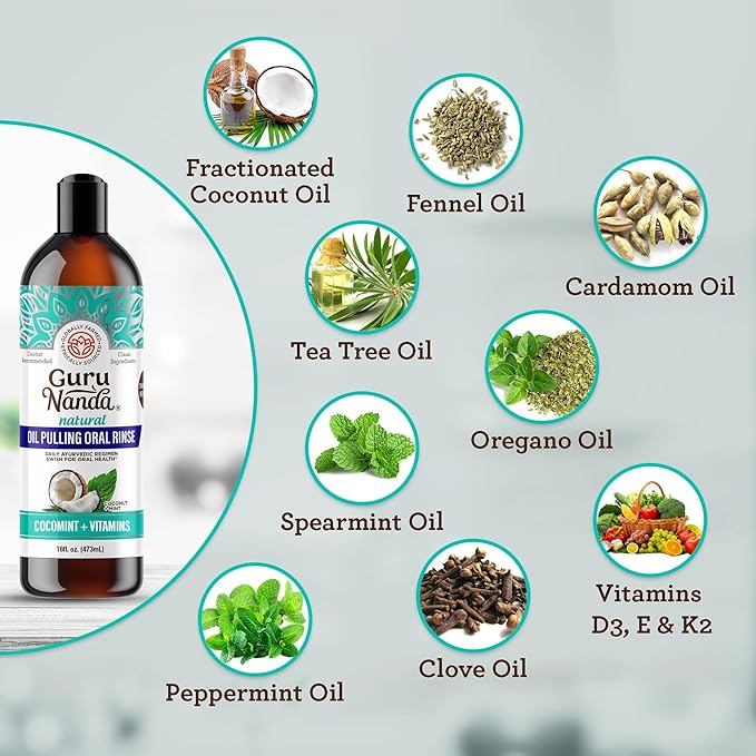 GuruNanda CocoMint Oil Pulling Mouthwash for Complete Oral Hygiene, 7 Essential Oils & Vitamins for Happy Teeth & Gums & Fresh Breath, Alcohol-Free, 16 oz