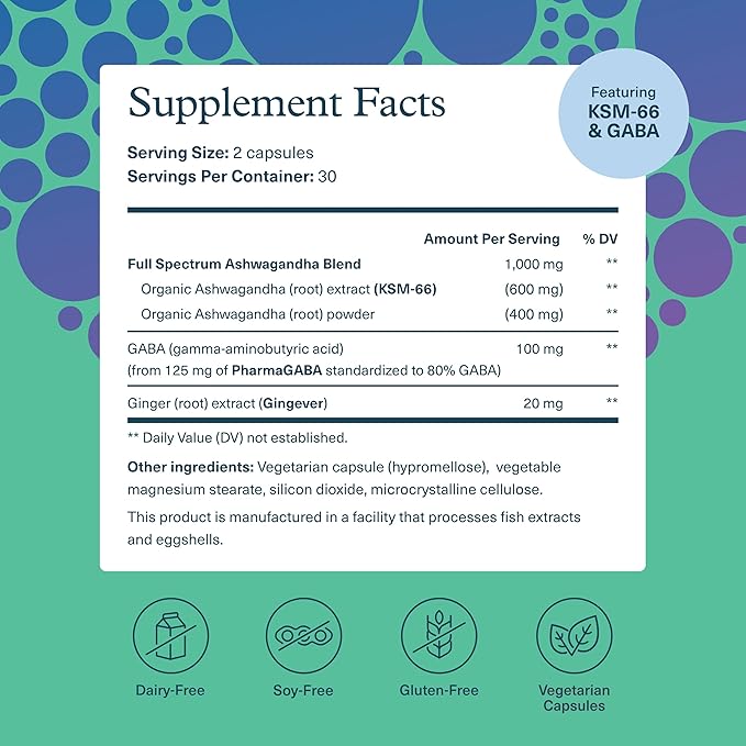 Youtheory Ashwagandha + GABA - Uses Organic KSM-66-1,000 mg Ashwagandha & 100 mg GABA - Cortisol, Energy, Stress & Memory Support Supplement - 60 Vegetarian Capsules (30-Day Supply)