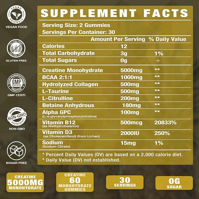 Creatine Monohydrate with Vitamins D3 & B12 | Sugar-Free Hydrolyzed Collagen & Creatine Gummies | 60 Count