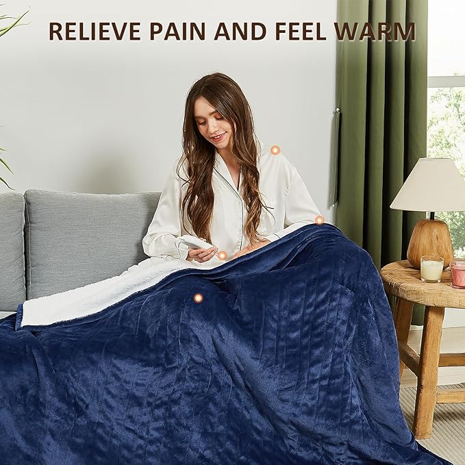 Heated Electric Blanket King Size - 100"x90" Flannel Heating Blanket with 10 Heating Levels & 5 Time Settings Over-Heat Protection, Winter Warmer for Adults with ETL Certification（Navy Blue）