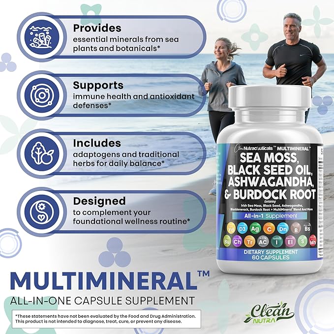 Sea Moss Black Seed Oil Ashwagandha Turmeric Bladderwrack Burdock & Vitamin C Vitamin D3 with Elderberry Manuka Dandelion Yellow Dock Iodine Chlorophyll ACV