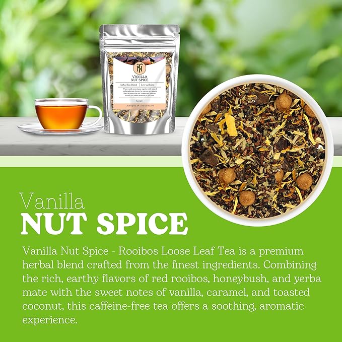 Nelson's Tea Vanilla Nut Spice - Cut & Sifted, Low Caffeine Rooibos Loose Leaf Tea with Honeybush, Yerba Mate, Chicory Root, Licorice Root, Cardamom Seeds, Coconut and Marigold Herbal Blend (Sample 0.4 Oz)