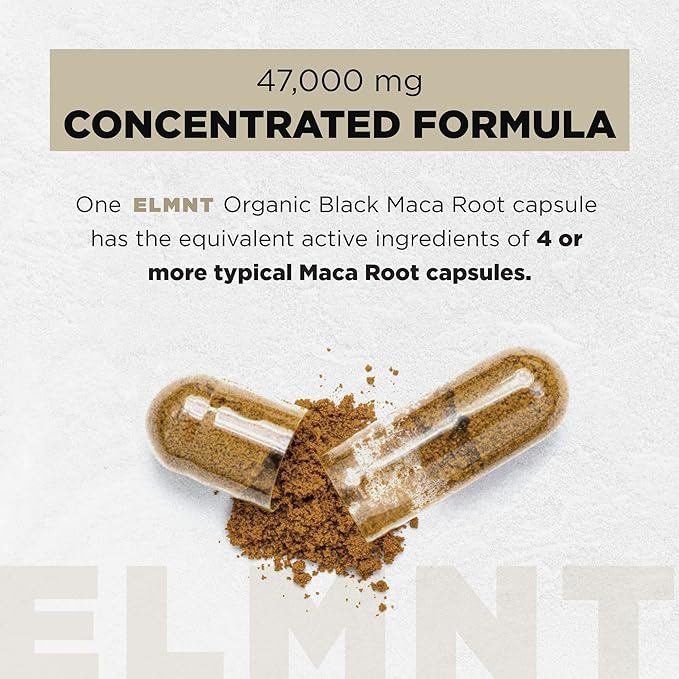 ELMNT 40,000mg 40x Strength Organic Black Maca Root w. Ashwagandha - #1 Highest Potency Black Maca Root Capsules for Men Supplement 40:1 Extract - 100% Pure Maca Peruana Maca Powder Pills Gelatinized
