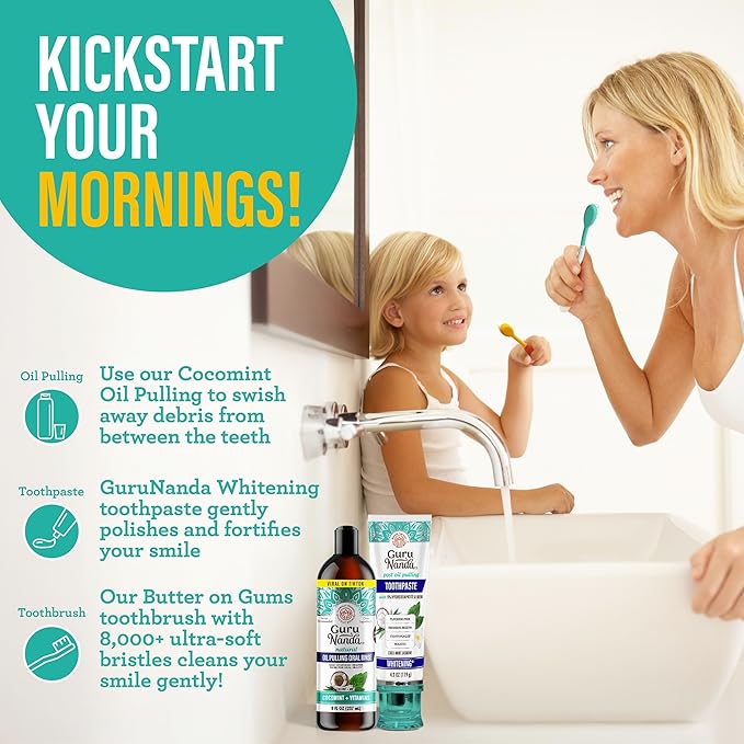 GuruNanda Family Complete Oral Care Set – The Ultimate Routine with Oil Pulling, Toothbrush, Toothpaste, Tongue Scraper, Floss Picks, Mouthwash & Whitening Strips