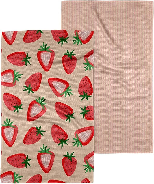 GEOMETRY Spring Kitchen Towels - Quick Dry Microfiber Cloth Spring & Summer Dish Towels for Kitchen Drying - Premium Quick Dry Towel - Strawberry Sunshine, 18" x 30" - 2-Pack