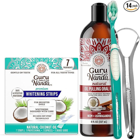 GuruNanda Ashwagandha Oil Pulling (8 Fl Oz) - 100% Pure Blend of Coconut with Essential Oils & Vitamins and Teeth Whitening Strips (7 Treatments)