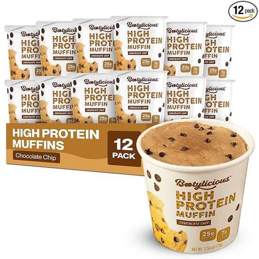 Bootylicious | High-Protein Muffin | 25g Protein, 7g Net Carbs, 1.86-1.76oz Cup, 12-Pack (Chocolate Chip)
